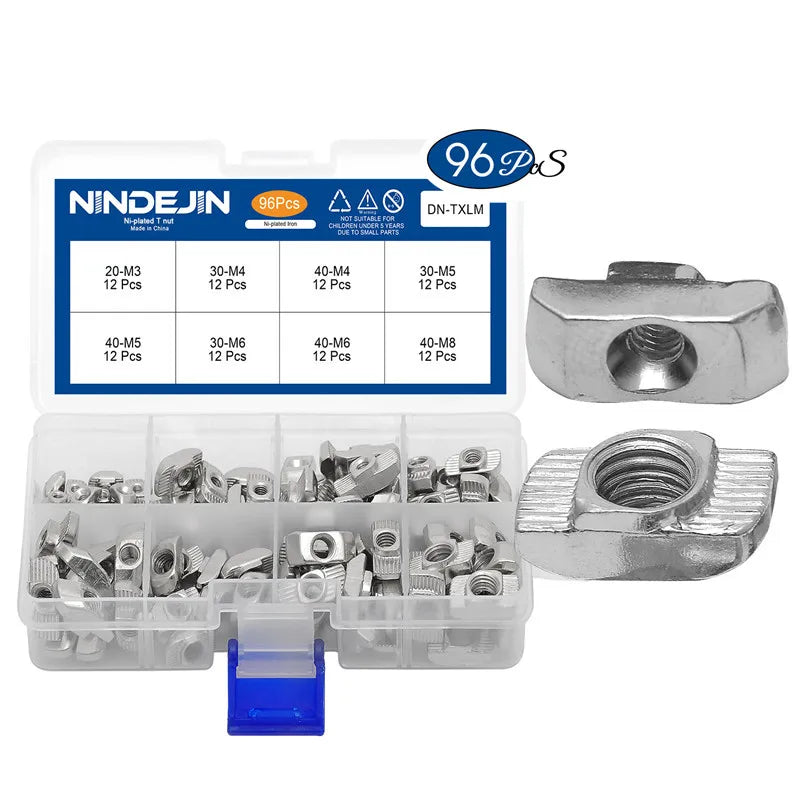 96PCS Nickel Plated M3-M8 T-slot Nut Hammer Head Sliding T Nut for 2020 3030 4040 Series Aluminum Profile Zinc Plated Finish