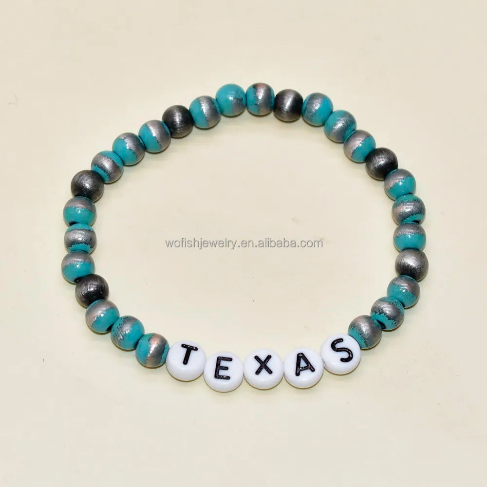 Handmade Design Cute Style Navajo Pearls Turquoise Beaded State Texas Customize Words Stretch Bracelets Western Jewelry