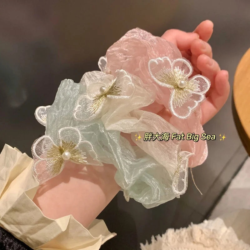Cute Spring Summer Tulle Scrunchy Hair Ties Organza Tulle Hair Accessories 3D Moving Pearl butterfly Scrunchies