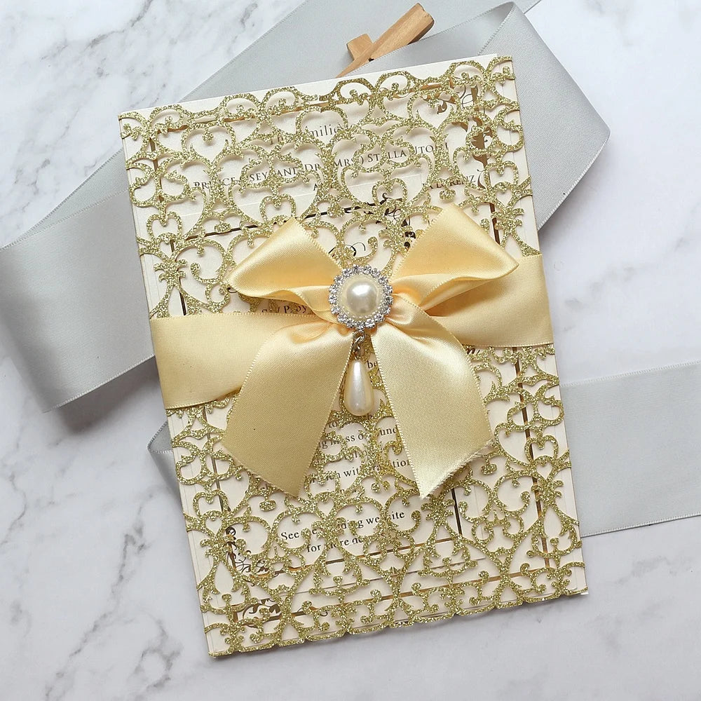 Custom Made Luxury Wedding Invitations with Glitter Laser Cut Design Cross & Angel Style Art Paper Ribbon Bow Decoration