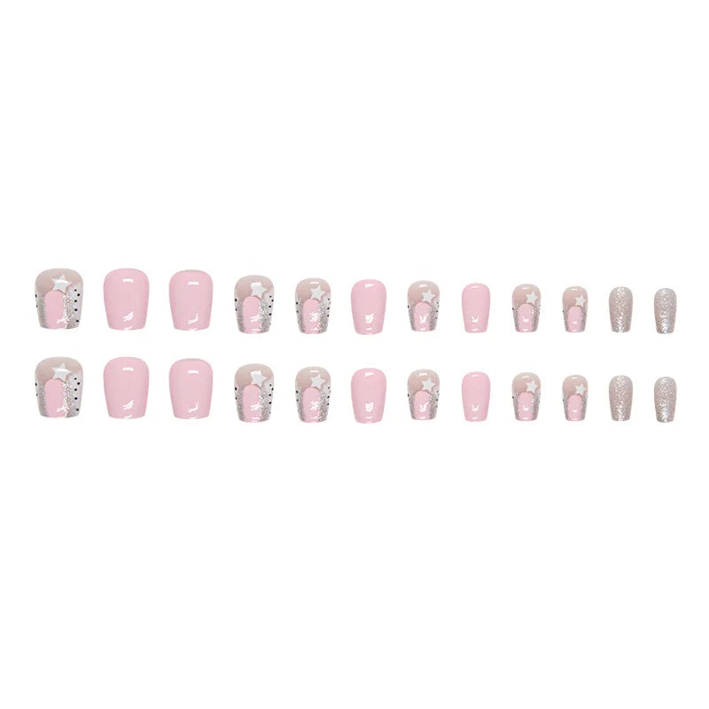 24PCS/Box Custom Logo Pink Silver Glitter Fake Nails Full Cover Luxury Square Press on Nails