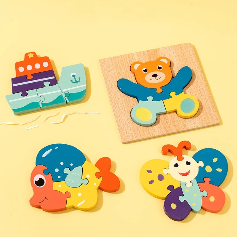 Kindergarten Children 3d Cartoon Animals Wooden Puzzle Early Educational Shape Puzzle Toy for Boys and Girls