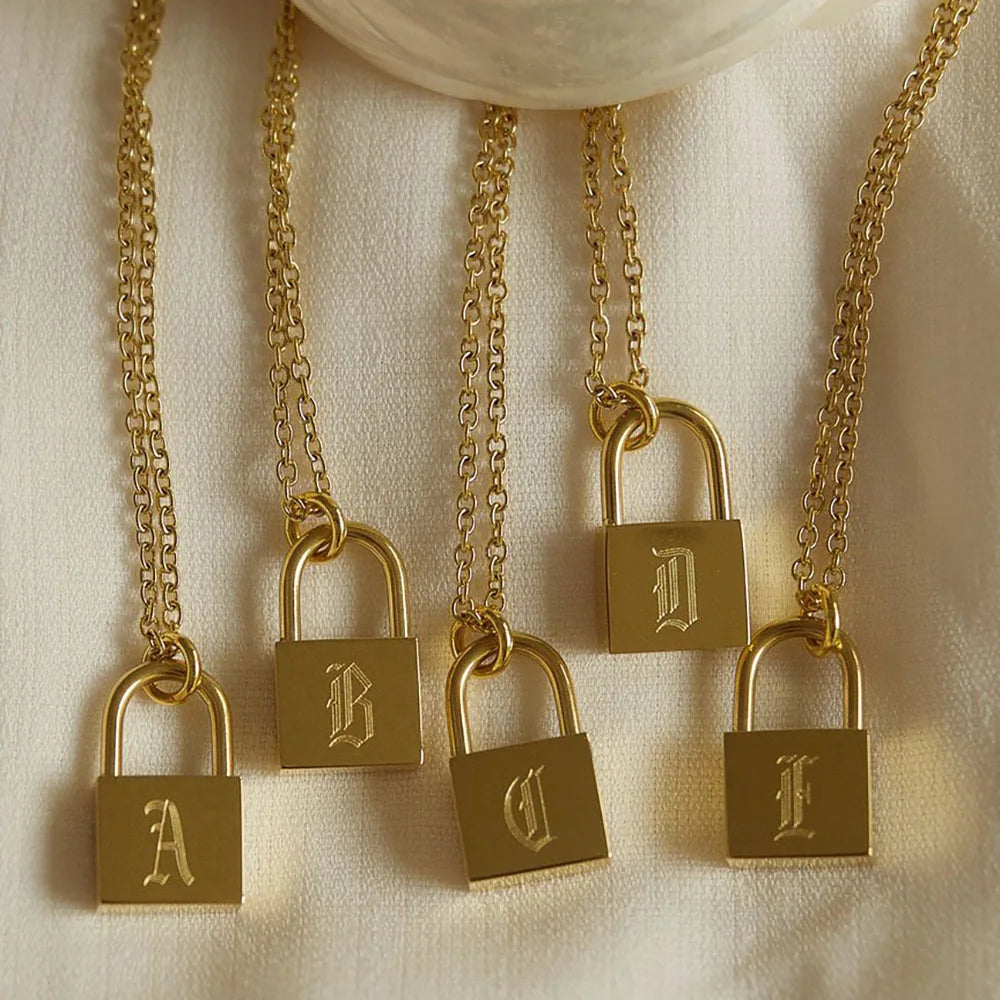 Dreamshow Tarnish Free Stainless Steel Gold Plated Retro Letter Lock Initial Necklace Jewelry