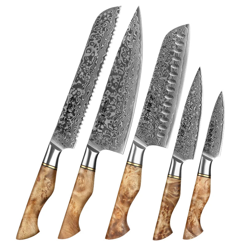 Professional Kitchen Knives Figured Sycamore Wood Handle Luxury Damascus Steel Chef Knife Set MegaBDM