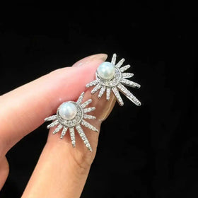 Starry Pattern Platinum Plated Brass Stud Earrings AAAA Grade Natural White Freshwater Pearls Luxury Women's Trendy Jewelry for