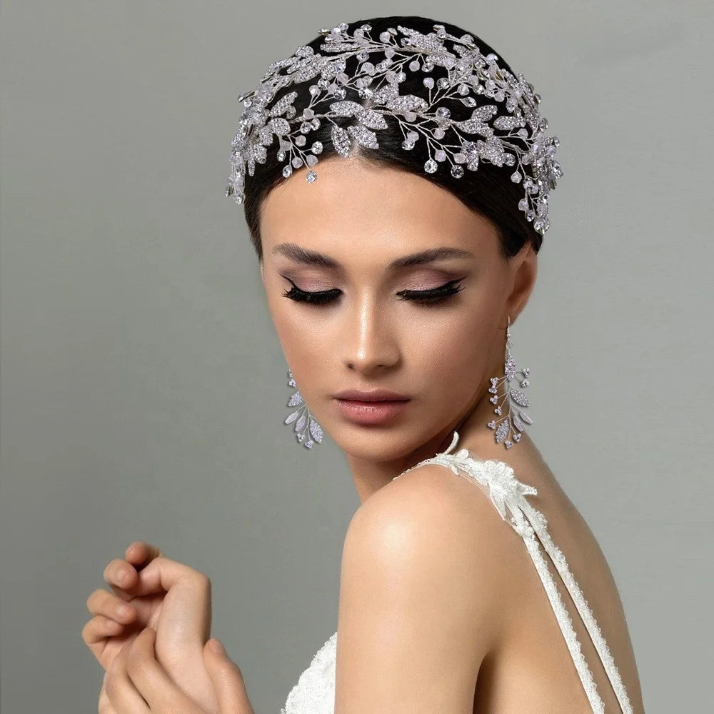 Bridal Wedding Hair Accessories Set Bridal Headwear Tiara Double Row Crossover Rhinestone Wedding Bridal Headbands Headpiece