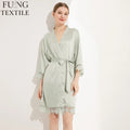 FUNG 3031 Summer Plus 3XL Polyester&Spandex Silk Satin Thermal Kimono Bridesmaid Robes for Women Knee Length Lace Trim Bridal