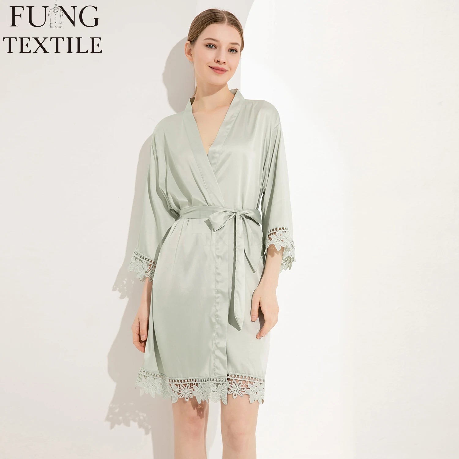 FUNG 3031 Summer Plus 3XL Polyester&Spandex Silk Satin Thermal Kimono Bridesmaid Robes for Women Knee Length Lace Trim Bridal