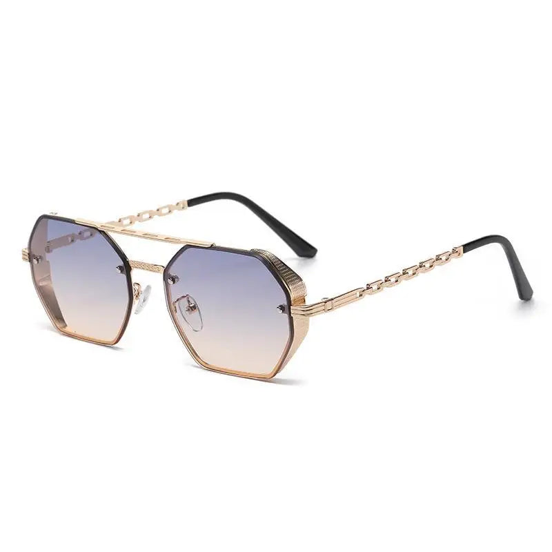 Personalized Trendy Sunglasses Custom Logo Uv400 Protection Metal Sunglasses Polygonal Double Bridge Sunglasses With Chain