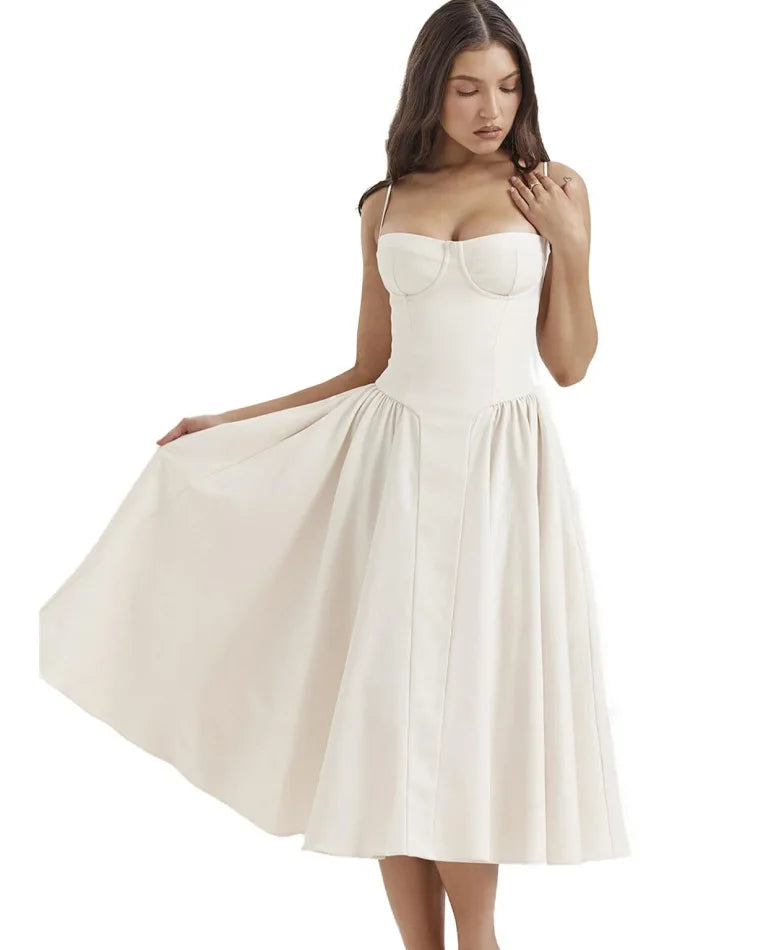 Summer Vintage Women Casual Dress Strap Pleated Dress