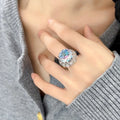 Ladies' Luxury Rose Jewelry Sea Blue Retro Zircon Bridal Elegant Rose Design Jewelry Wedding Ring
