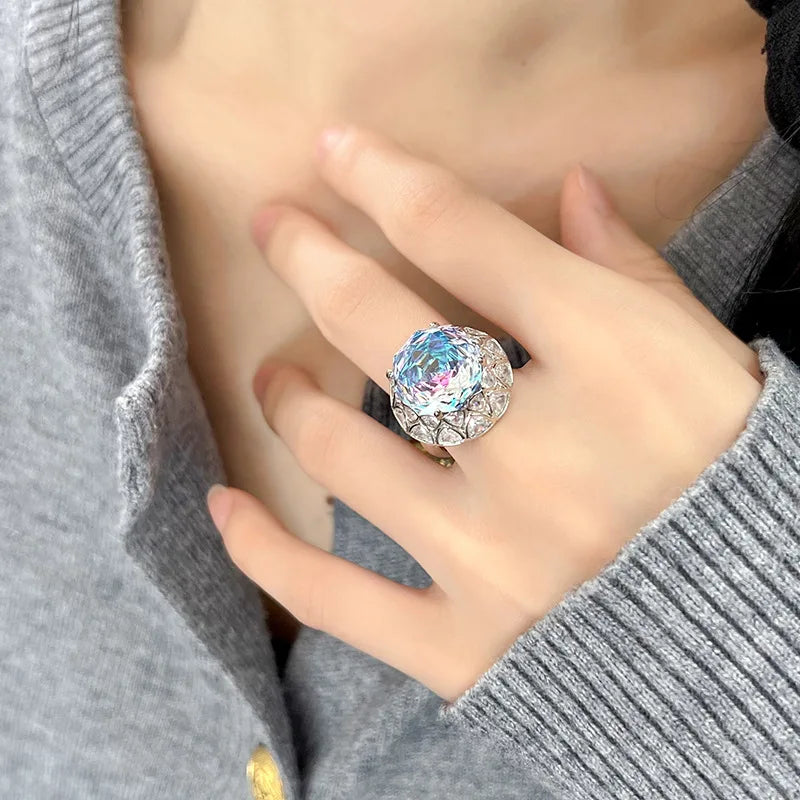 Ladies' Luxury Rose Jewelry Sea Blue Retro Zircon Bridal Elegant Rose Design Jewelry Wedding Ring
