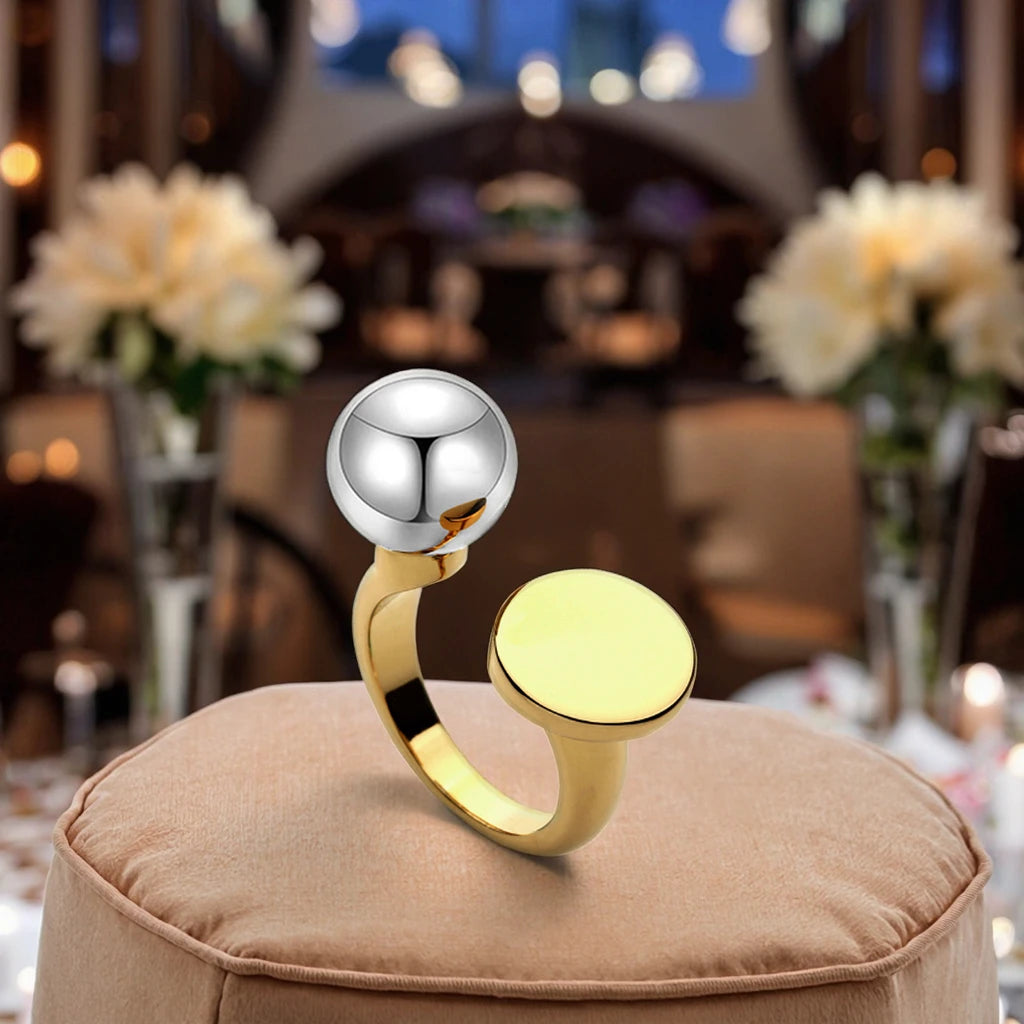 Asymmetric Two Tone Ball Disc Open Band Rings Adjustable Custom Brass Statement Fine Ladies Fashion Rings Jewelry Bagues Anillos