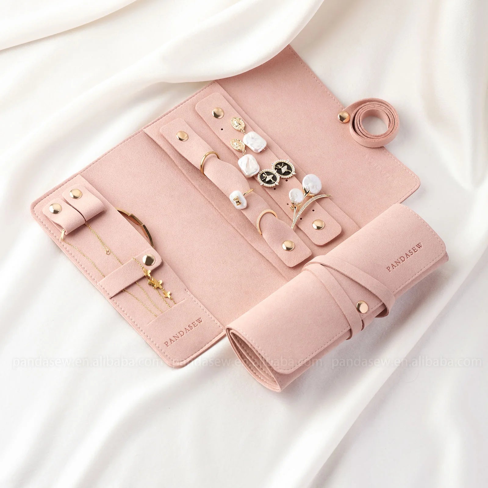 PandaSew Custom Logo Jewelry Organizer Case Foldable Luxury Microfiber Roll up Bag Travel Storage for Rings Necklaces Earrings