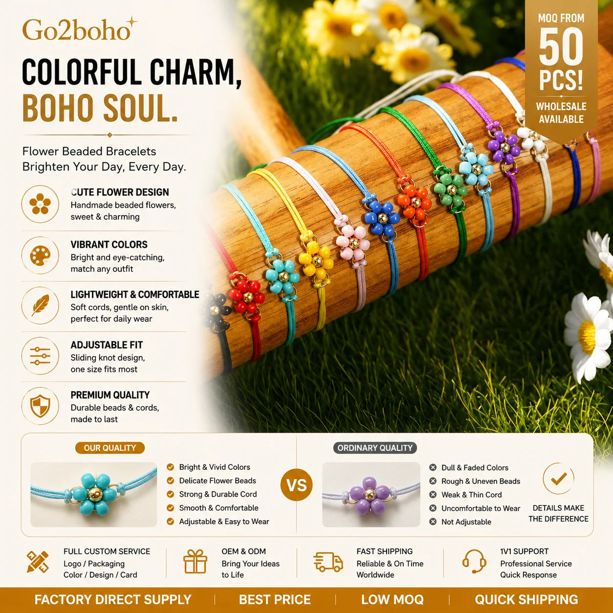 Go2boho Summer Colorful Flower Bracelets for Women Handmade Adjustable Friendship String Jewelry Gift for Girls Party Favors