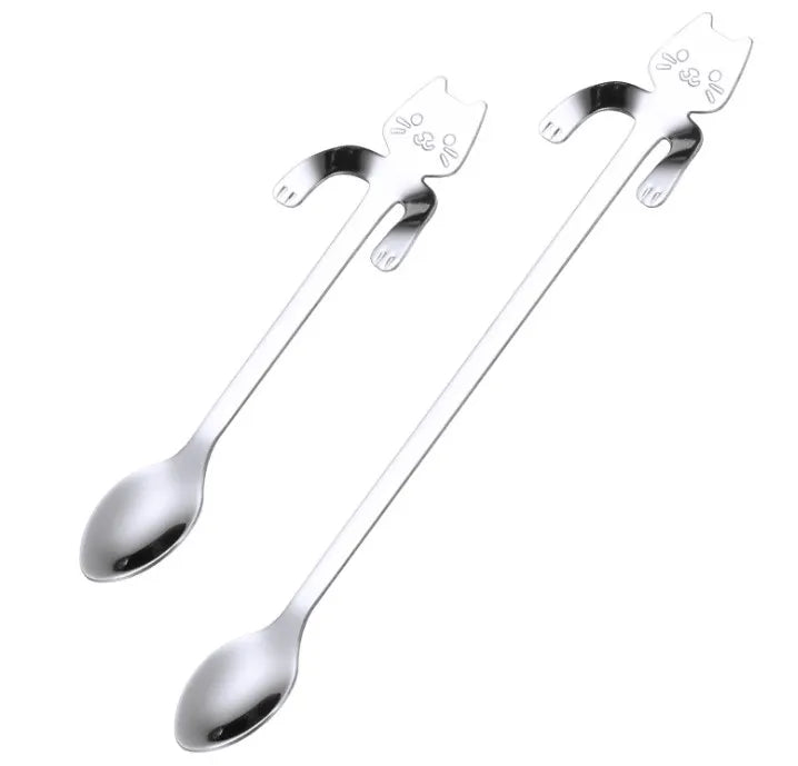 Stainless Steel Mini Long Cute Kitten Stirring Spoon for Dessert Drink Mixing Milkshake