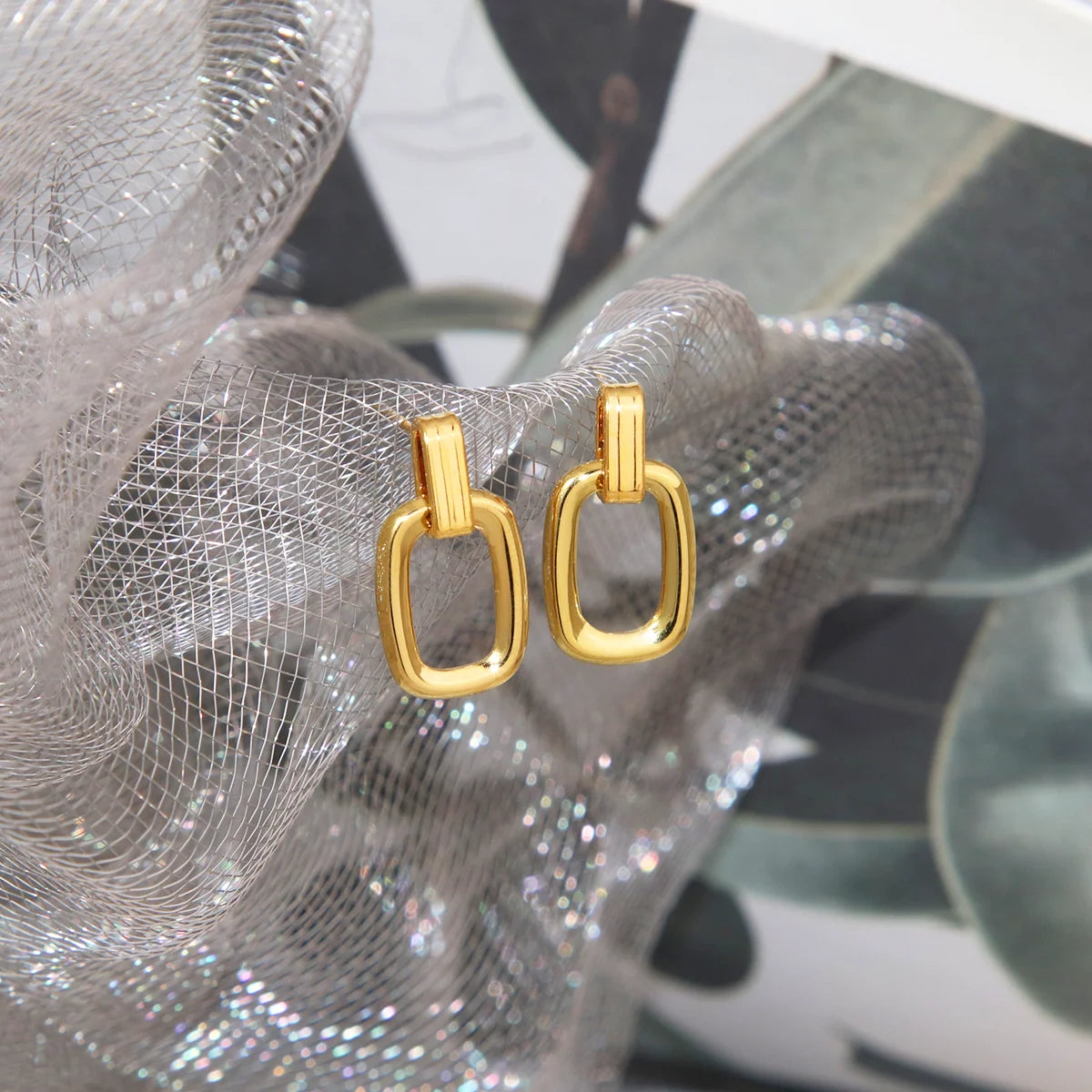 Chris April in Stock 18k PVD Gold Plated 316L Stainless Steel Minimalist Geometric Dangle Rectangle Stud Earrings
