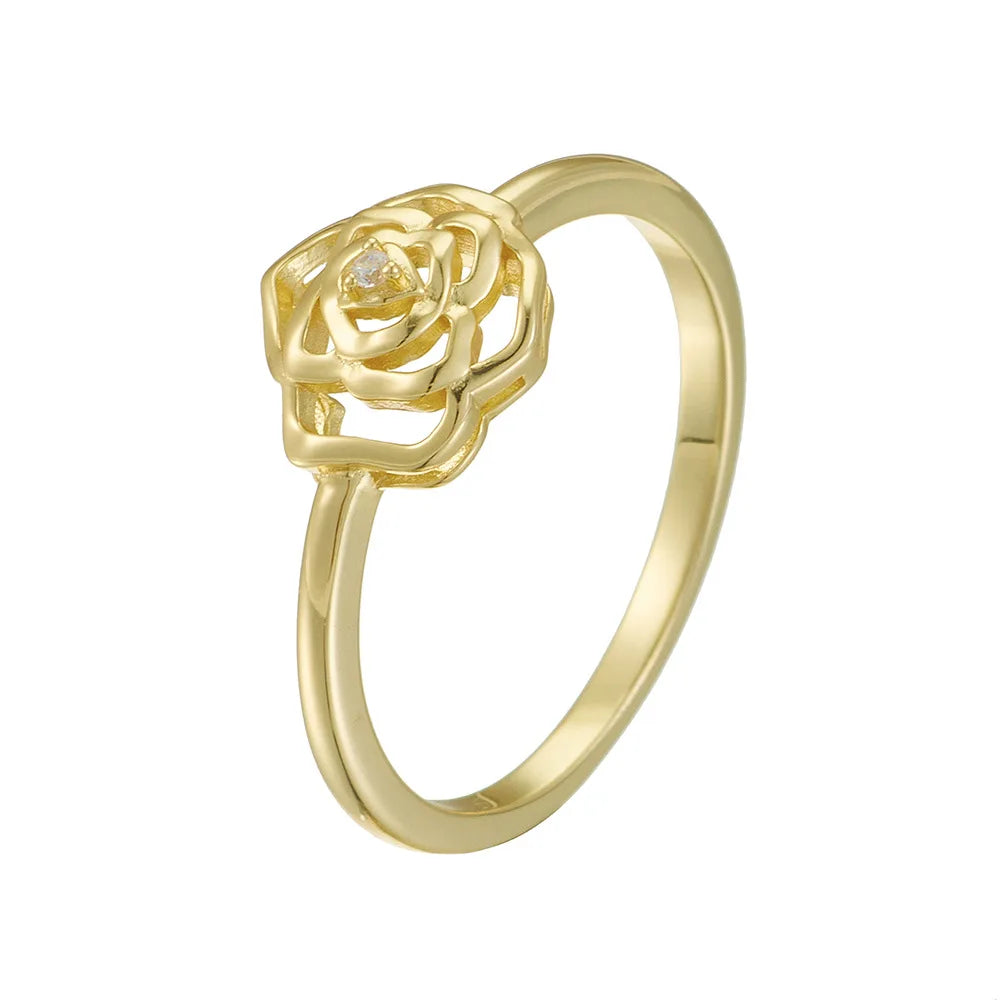 Fashion Fine Jewelry 925 Sterling Silver Flower Camellia Diamond Zircon Gold Plated Rings for Women