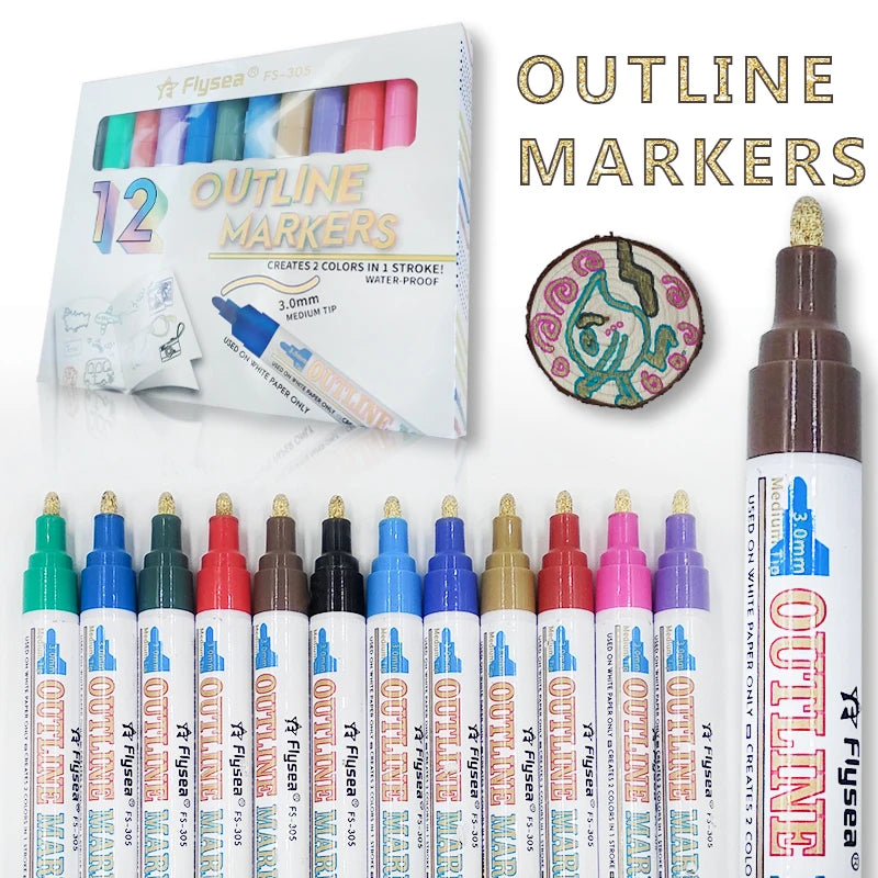 Super Squiggles Outline Markers Set 12 Colors Permanent Paint Pen