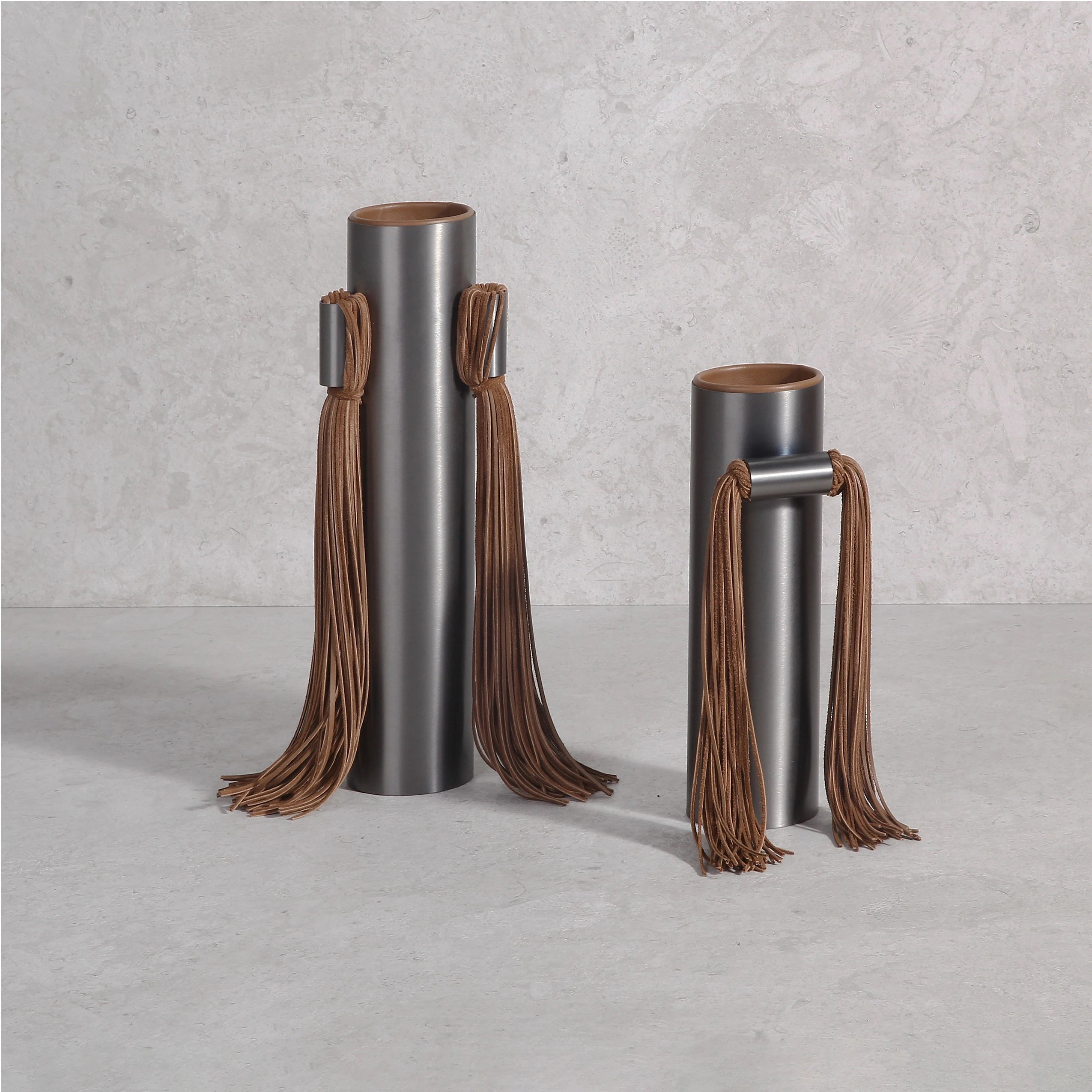 Luxury Modern Home Decor Ornament Decoration Set Abstract Metal Bud Vase with Genuine Leather Tassel Stainless Steel Flask