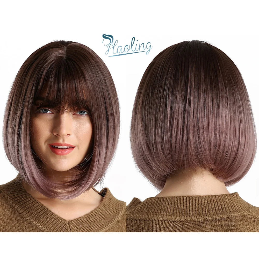 HAOLING Female Short Bob Wigs WIth Bangs Ombre Black Brown Purple Synthetic Wig Premium Synthetic Wigs