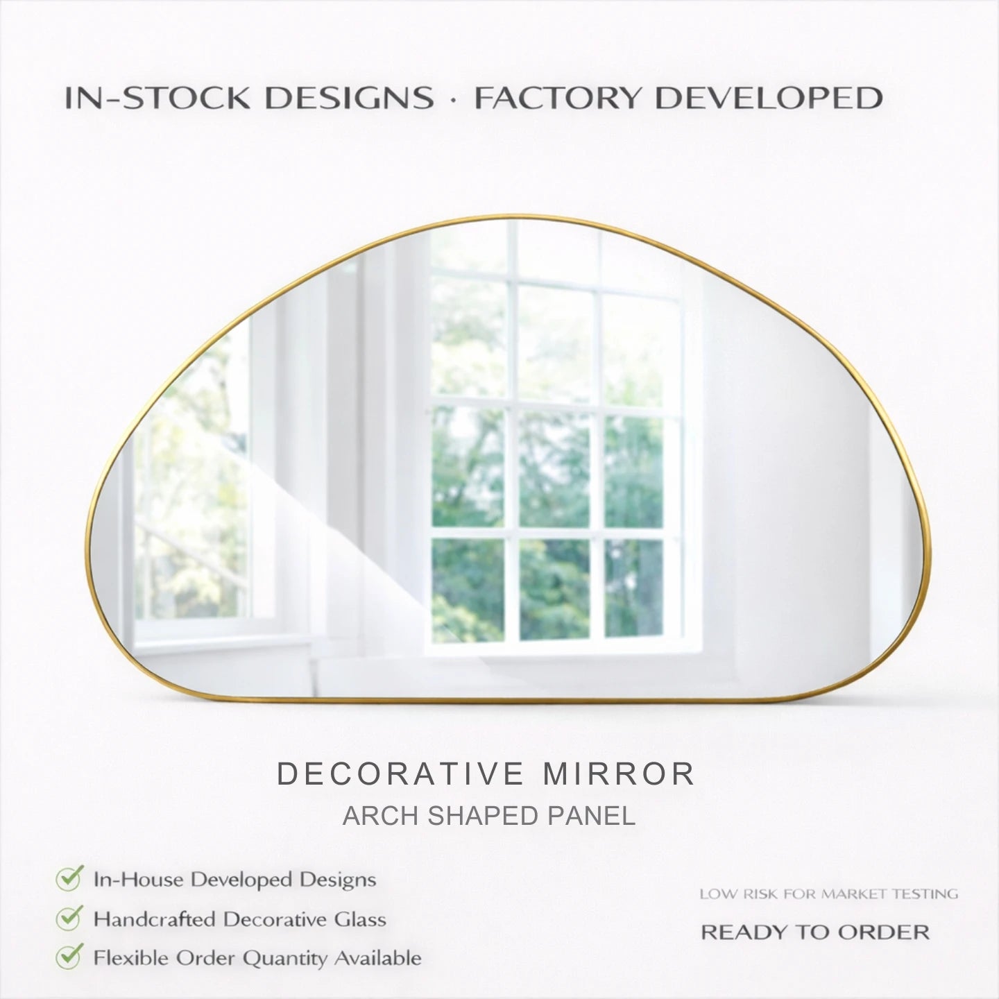 Brass Frame Glass Mirror Arch Shape Modern Minimalist Metal Inlay Handmade Interior Wall Hanging Decorative Accent Wall Mirror