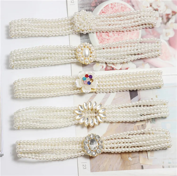 Newest Elastic Braided Pearl Belt Fashion Waistband Design Women Dress Flower Pearl Beaded Ladies Belt