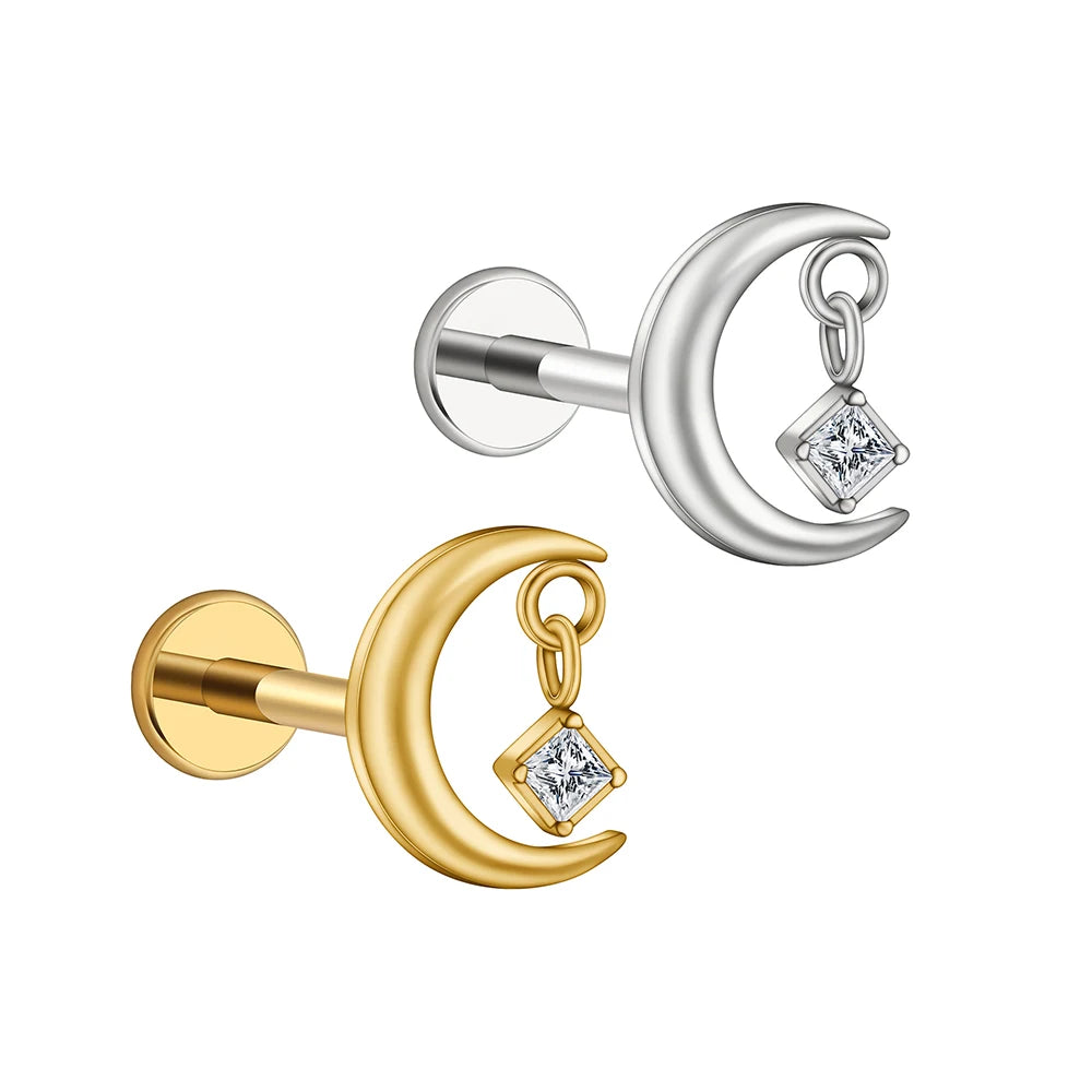 Right Grand ASTM F136 Titanium 16G CZ Moon Cartilage Earring Tiny Crescent Moon CZ Dangle Helix Tragus Conch Stud Ear Piercing