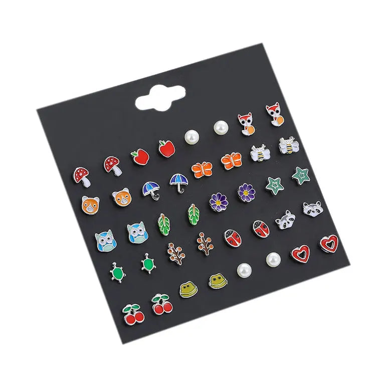 SC Fashion Korean Animal Fruits Flower Earrings Studs Colorful Dainty Mushroom Butterfly Heart Pearl Stud Earrings Set for Girls
