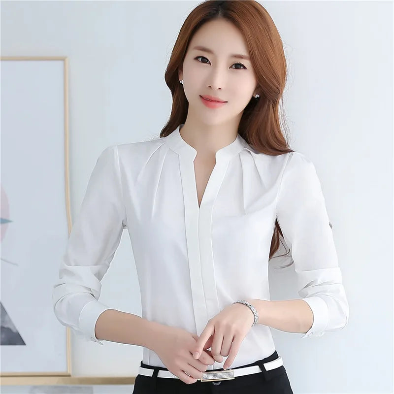 Fashion New Spring Women Chiffon Shirts Lady Solid Color Long Sleeve Stand Mandarin Collar Pullover Casual Blouse Tops Shirt