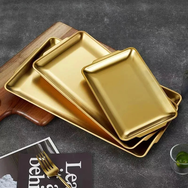 Golden 304 Stainless Steel Korean Style Storage Trays Plate Square Barbecue Dish for Barbecue Tary Cake Plates for Restaurant