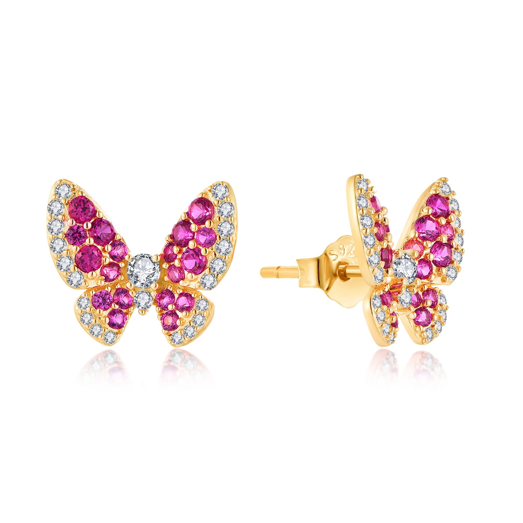 QX Custom OEM 925 Sterling Silver Ins Fine Jewelry 18K Gold Plated Butterfly Cubic Zirconia Stud Earrings Women Luxury