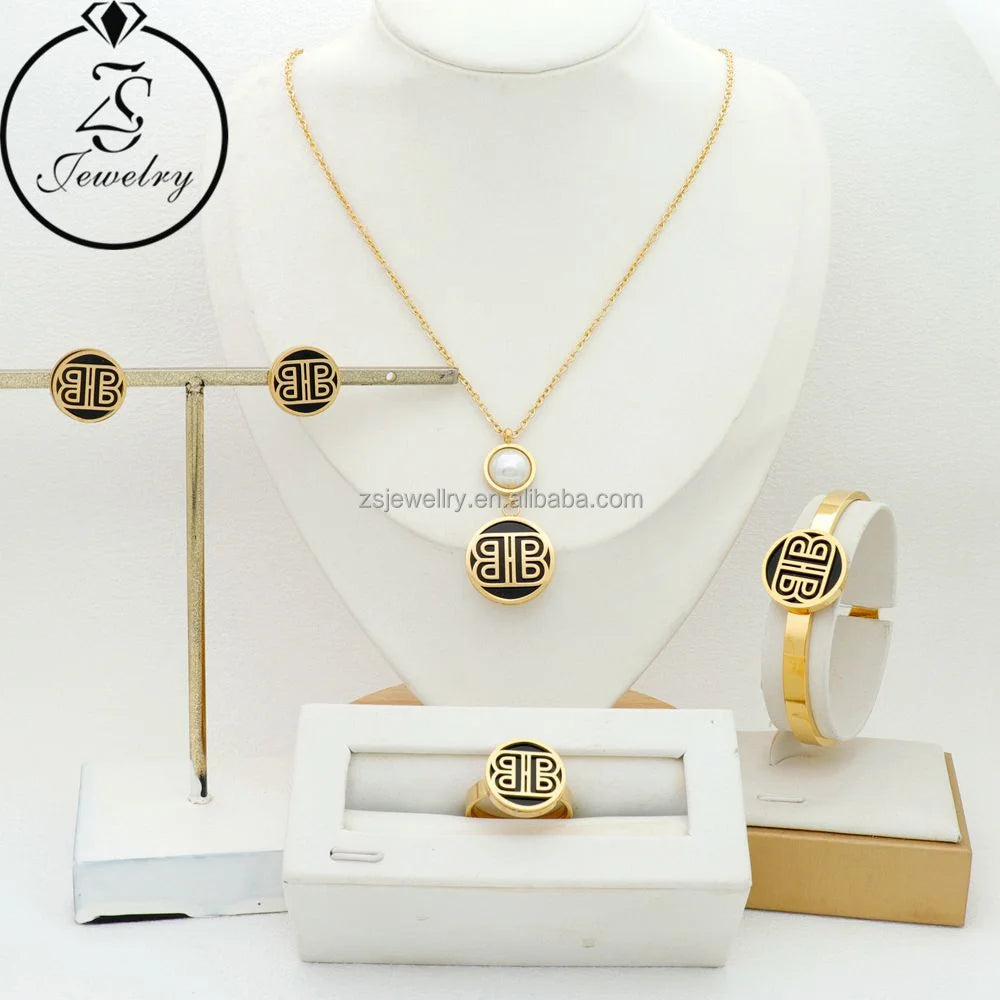 Png Jewelry Black Stainless Steel Gold Plated B Element Bracelet Earrings Jewelry Enamel Women Girls Gift Sets