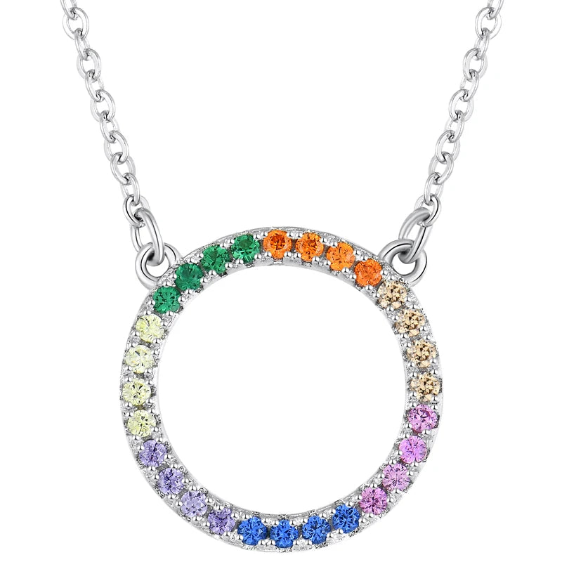 YILUN 925 Sterling Silver Rainbow Circle Pendant Necklace Rhodium Plated Multi-colored CZ Women's Minimalist Necklace Jewelry