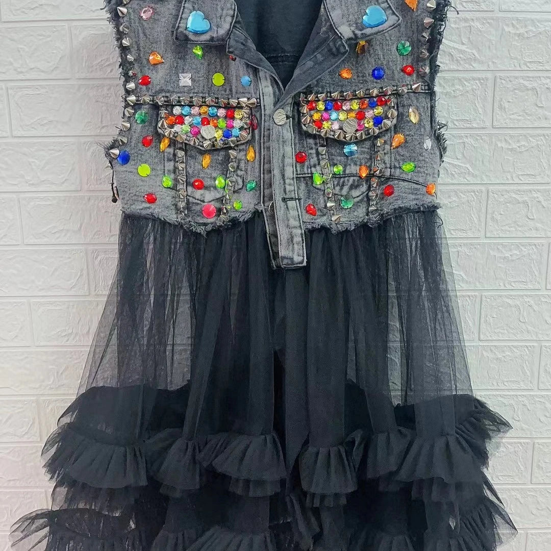 Wholesale 2026 Spring European Stapled Beads With Diamond Spliced Mesh Fashion Brand Denim Women's Vest