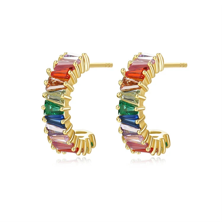 Fine Jewelry 925 Sterling Silver Baguette Colored Zircons CZ Diamond Stud Earrings for Women