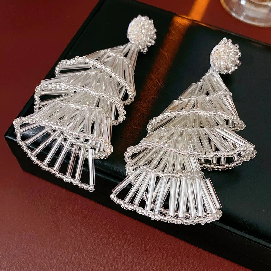 KAIMEI 2025 New Arrival Fashion Jewelry Silver Needle Glass Trumpet Flower Tassel Earrings Layered Silver Beaded Earrings