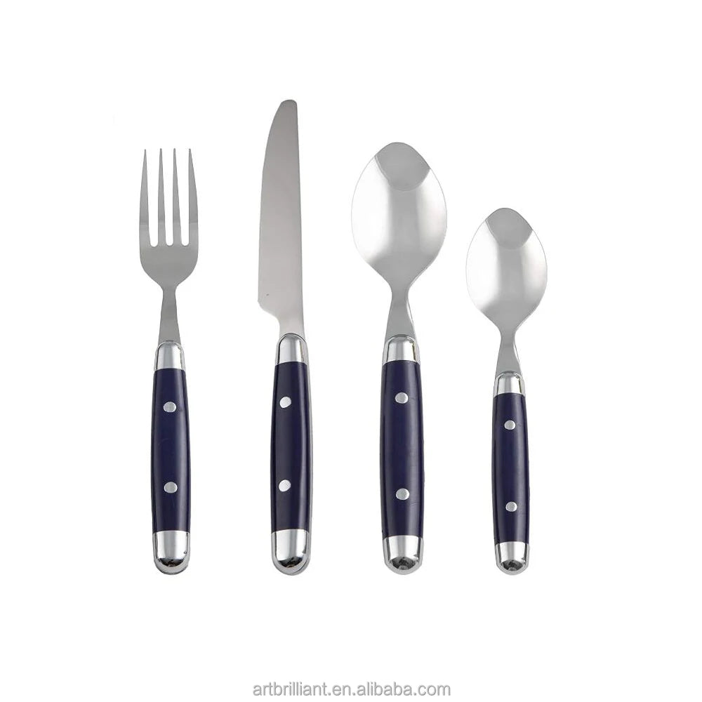 Luxury PP Handle Red Black Blue Stainless Steel Cutlery Set Custom Logo for Hotel Wedding