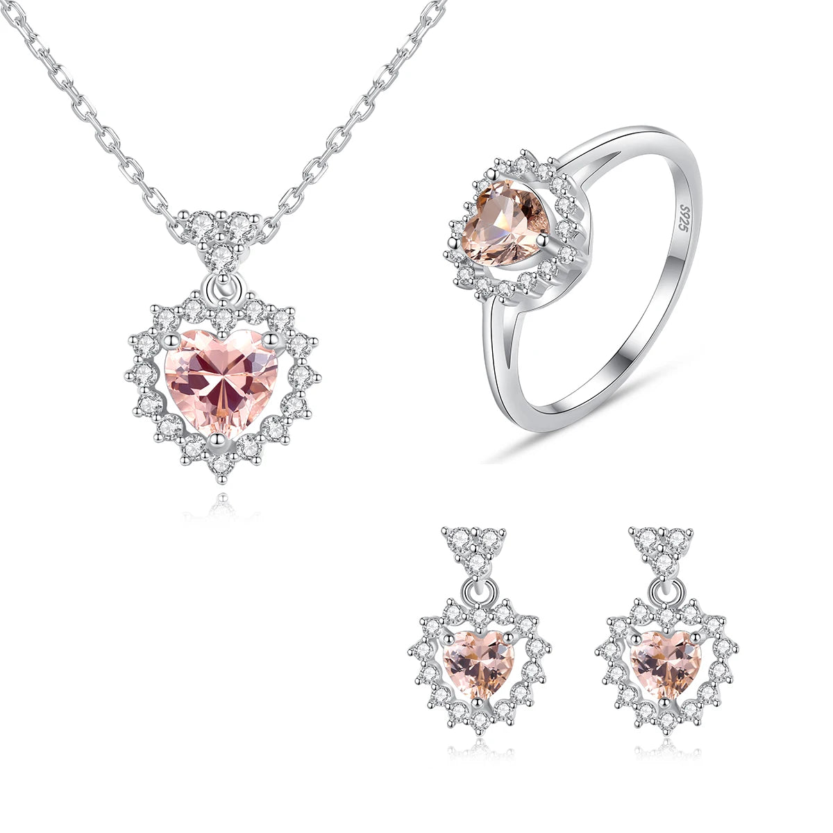 CZCITY Fine Heart Necklace Lady Pendant Wedding Chain Earring Ear Ring for Woman Jewelry Set