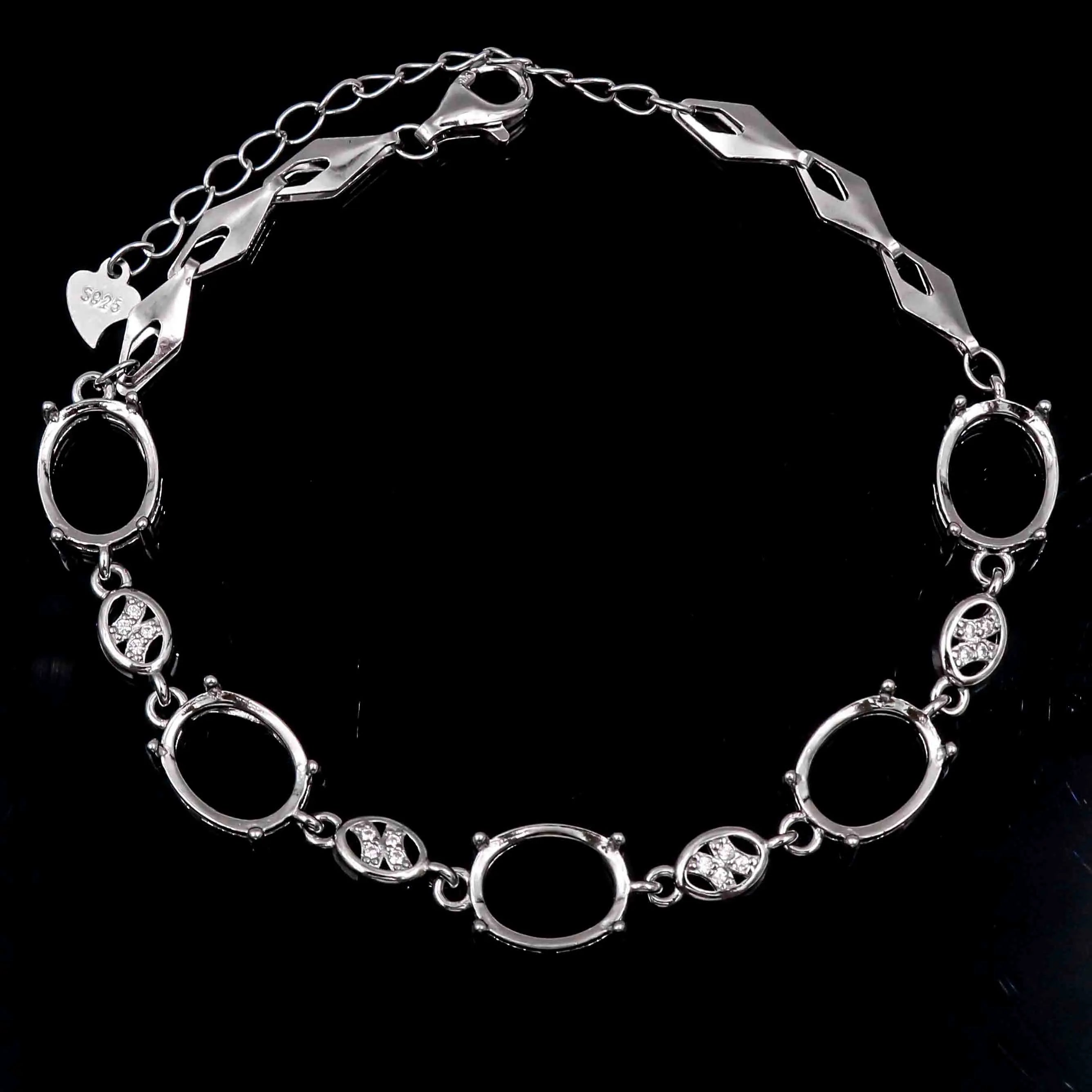 Sterling Silver 8*10mm Semi Mount Bracelet Empty Support Blank Claws Setting S925 Base Holder Without Center Stone Inlay for DIY