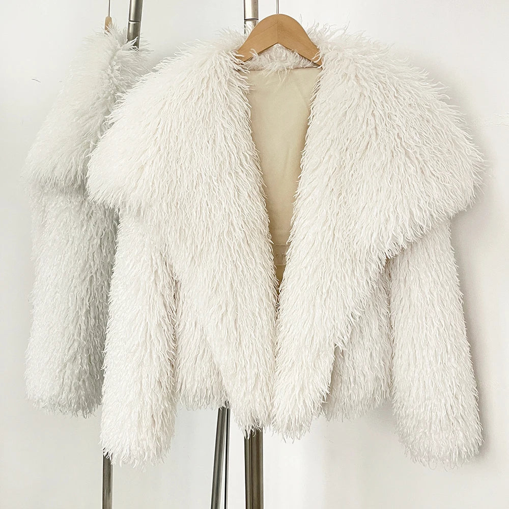 OFTBUY 2025 Winter Fashion Faux Fur Coats Fluffy Artificial Mongolian Fur Coat Sheep Fur Coat Women Elegant Big Turn-down Collar