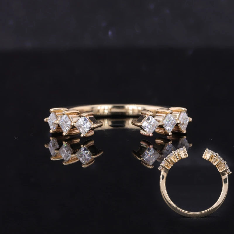 10K Yellow Gold Wedding Band Ring with Princess Cut Moissanite Stone Wedding Band