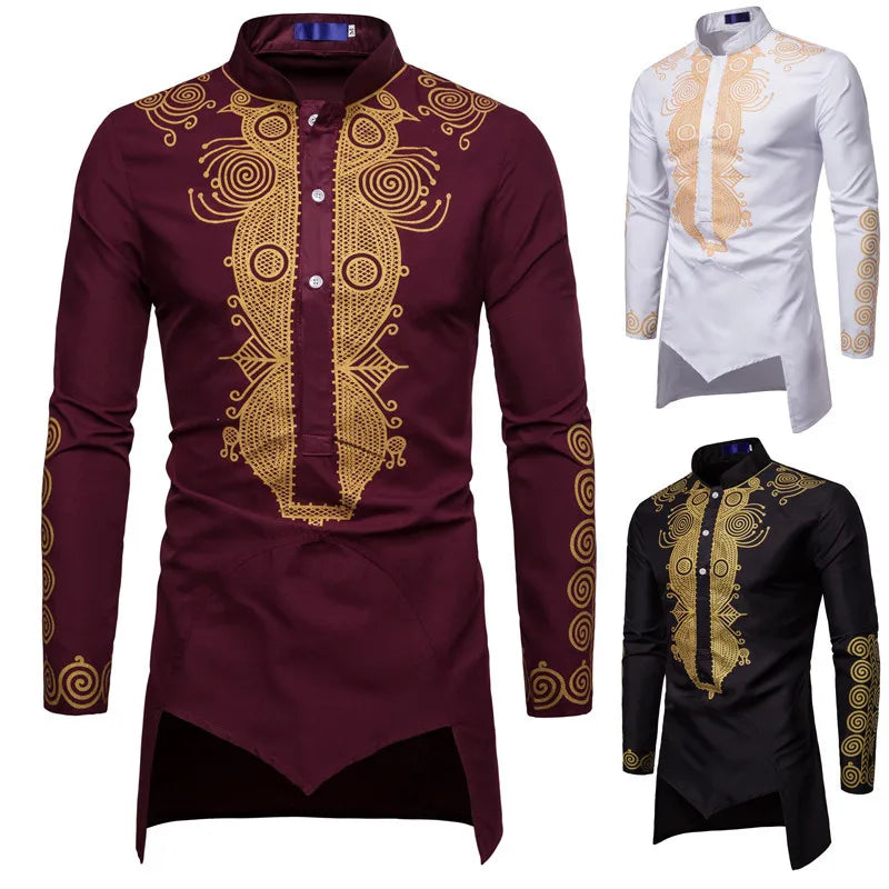 Luxury Man Islamic Clothes Print Stand Collar Tops Long Sleeve Shirt Clothing Kurta Thobe Men Muslim