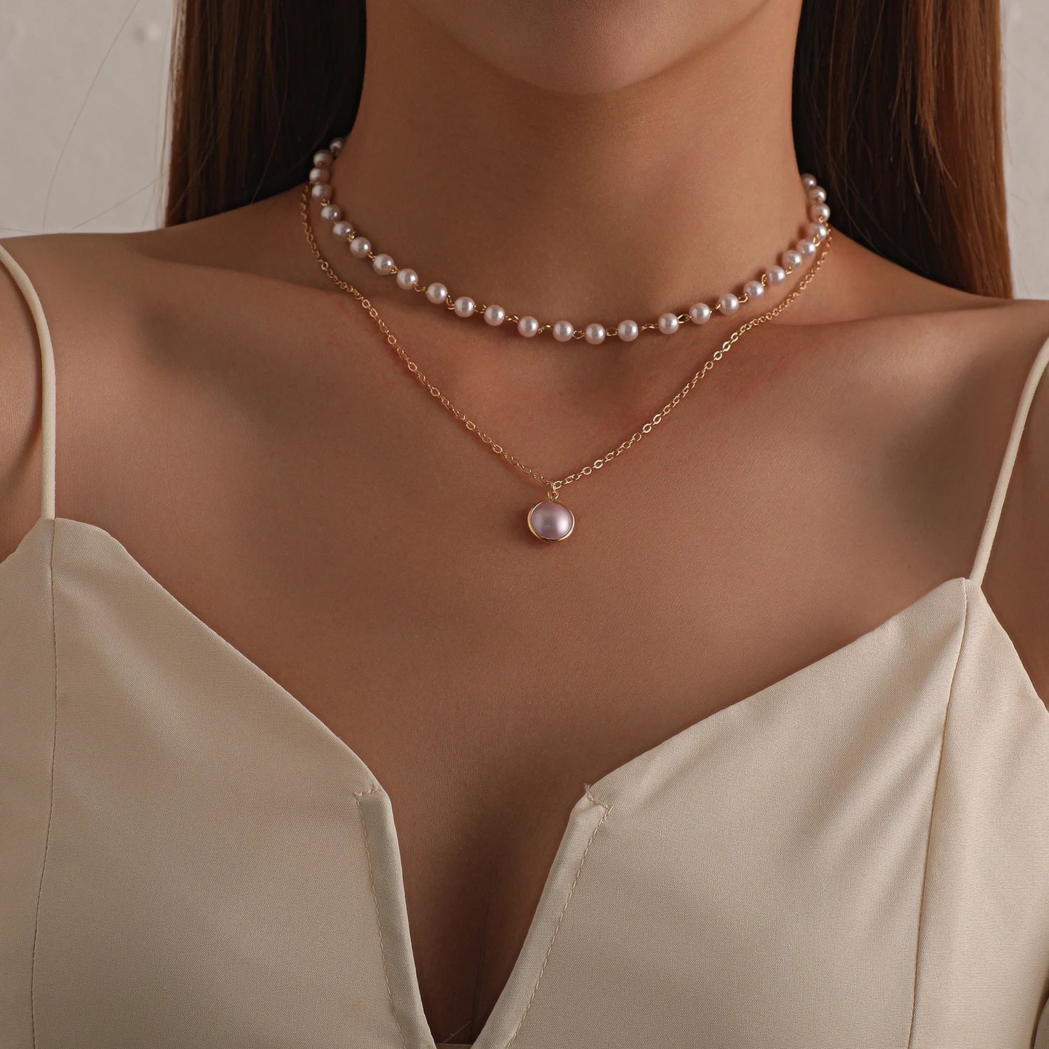 SC Hot Sale Fashion Pearl Chokers Necklace Trendy Gold Silver Multilayer Necklace Stylish Pearl Pendant Necklace for Teen Girls