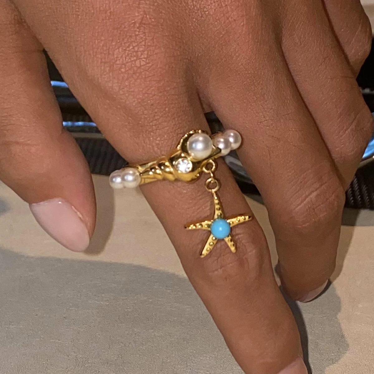 J&D Beach-Inspired 18k Gold Stainless Steel Starfish Seashell White Zircon Rings