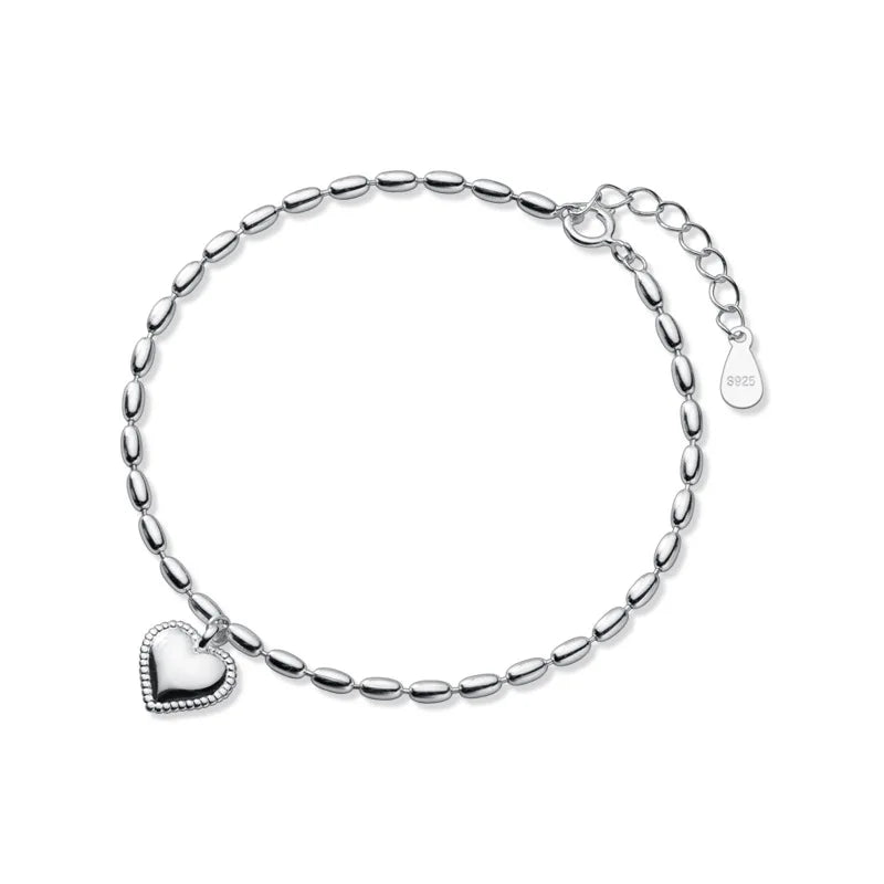 \Sweet Love Heart Charm 925 Sterling Silver Olive Bead Chain Bracelet Gift for Her Best Friend