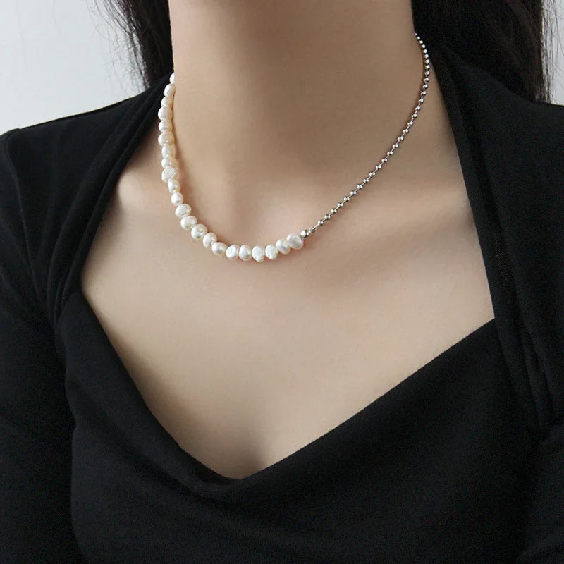 S925 Sterling Silver Asymmetric Pearl Beaded Choker Necklace Bohemian Handmade Chunky Chain Summer Trendy Jewelry for Women