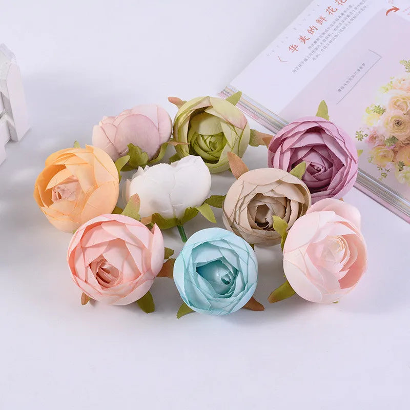 A-1061 European Rose With Leaves Mini Ranunculus Buds Silk Artificial Flower Tea Rose Head for Wedding Bride Brooch Wrist Decor