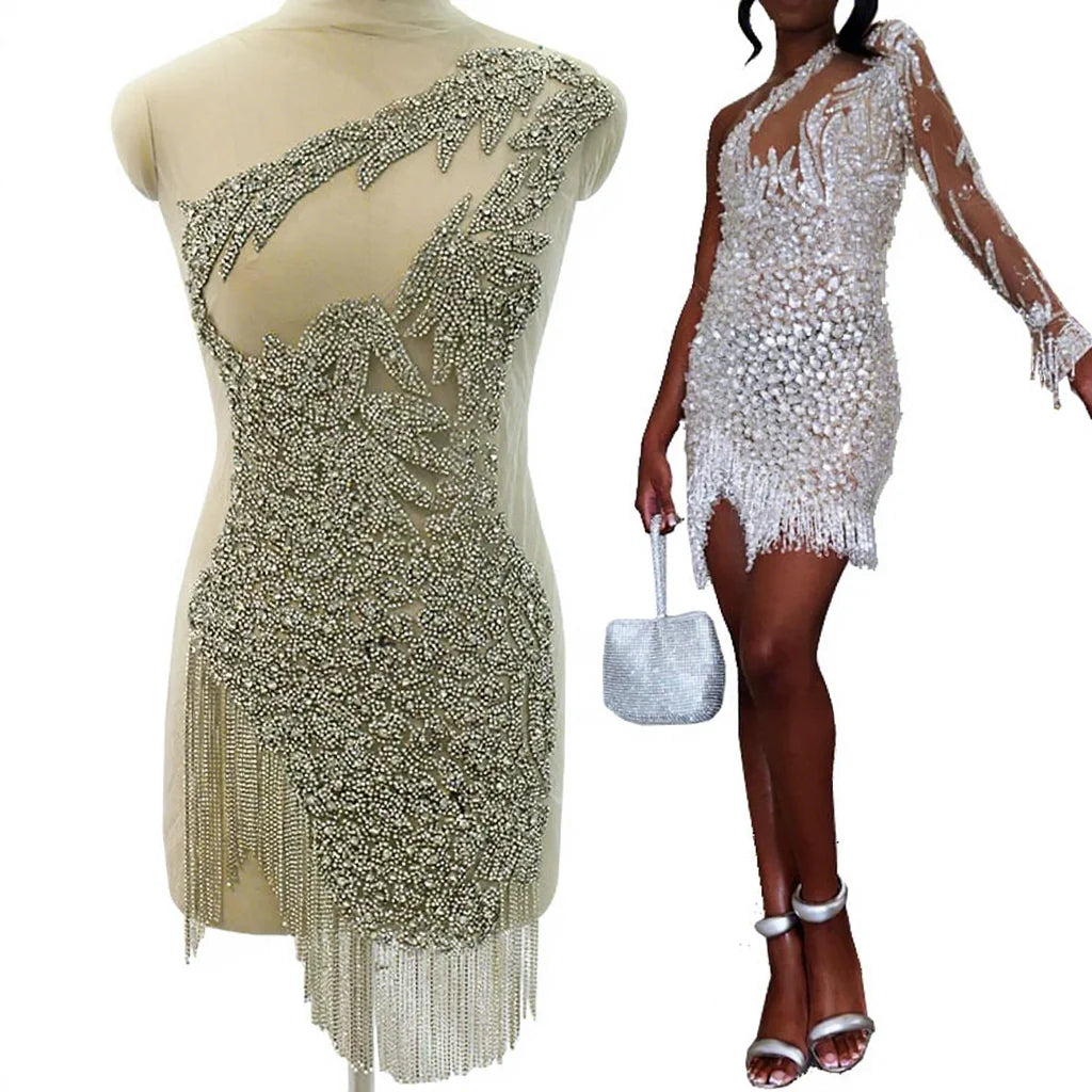 WDP-492  2024 Fashion Silver Patches Sewing Chain Fringe Shiny Rhinestone Beaded Gown Applique for Party Dancing Dress