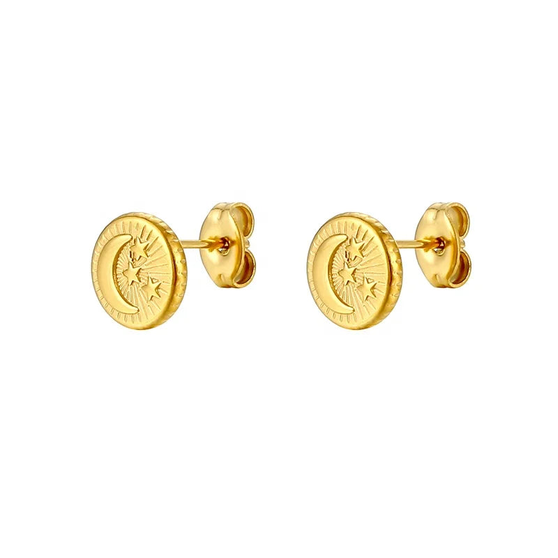 18K Gold Plated Stainless Steel Jewelry Moon and Star Sun Stud Earrings for Women Girls